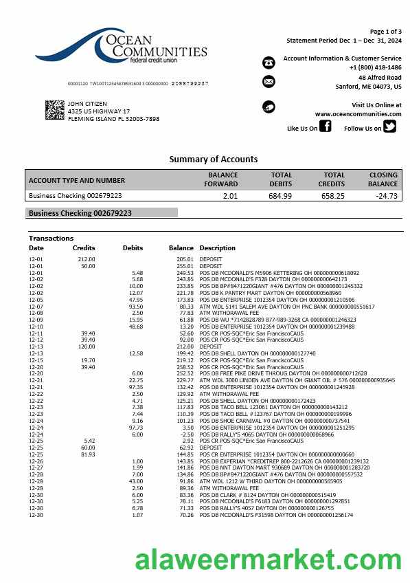 USA Maine Ocean Communities Federal Credit Union bank statement, 3 pages